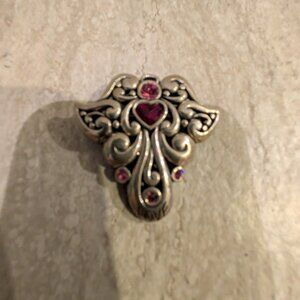 Vintage BARSE Sterling Silver 925 Scroll Heart Brooch Pendant Red Stones 23.4g